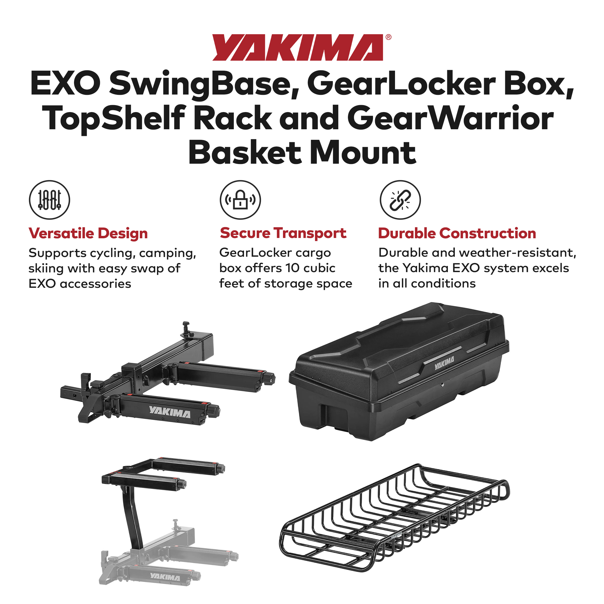 Yakima EXO SwingBase, GearLocker Box, TopShelf Rack and GearWarrior Basket Mount - 0