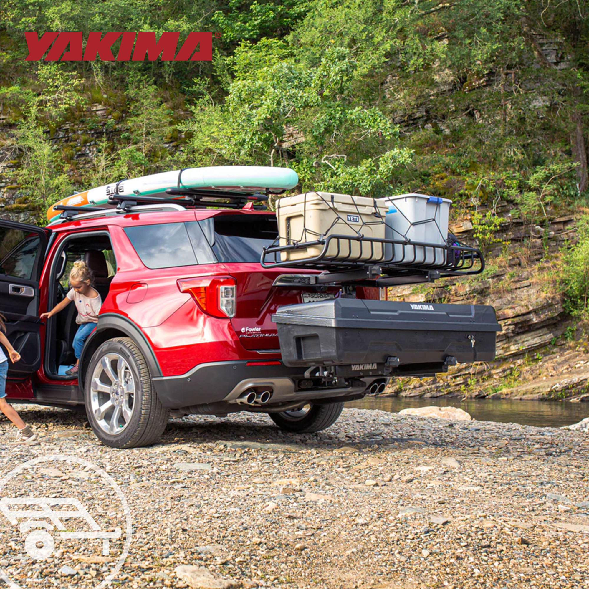 Yakima EXO SwingBase, GearLocker Box, TopShelf Rack and GearWarrior Basket Mount