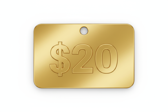 A golden price tag with "$20" on it.