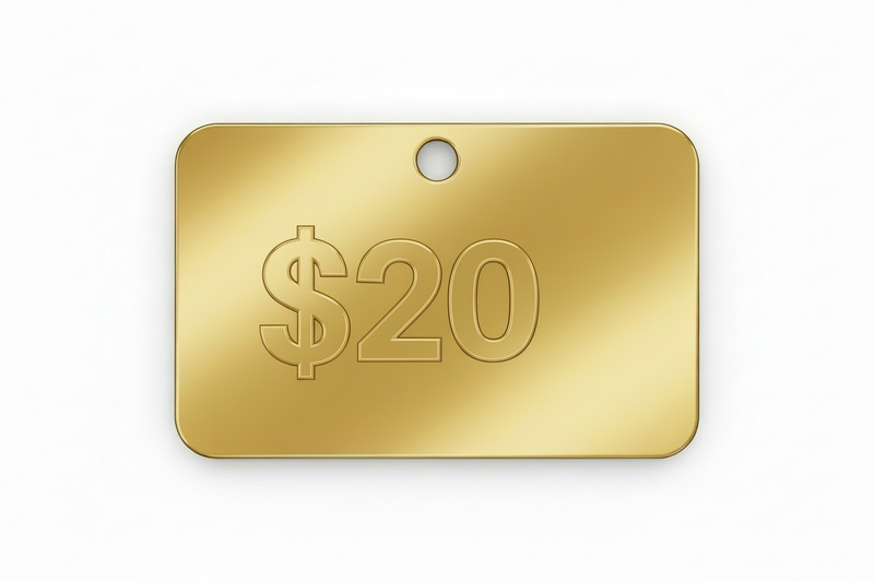 A golden price tag with "$20" on it.