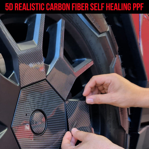 Tesla Cybertruck Wheels 5D Carbon Fiber Center Caps & Spokes Vinyl Fascia Overlay Kit | TOProtect